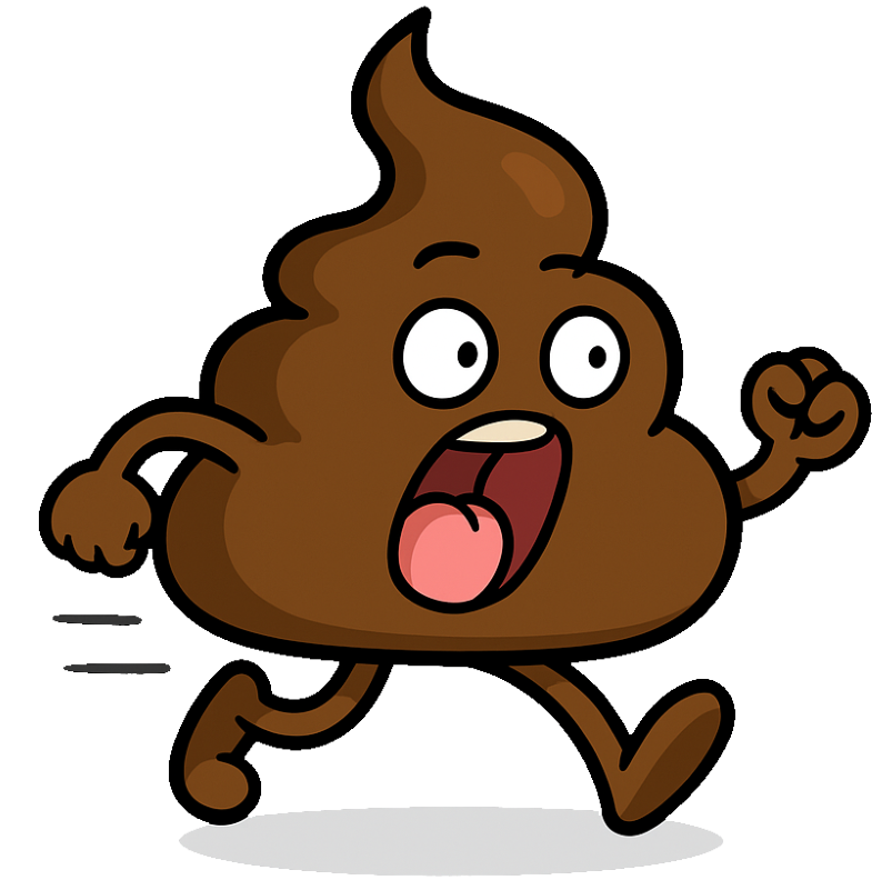 Cartoon poop emoji running with a surprised face, tongue out and one fist raised