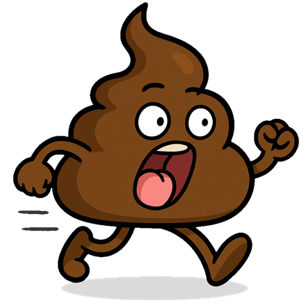 Cartoon poop character running with a surprised face and tongue out