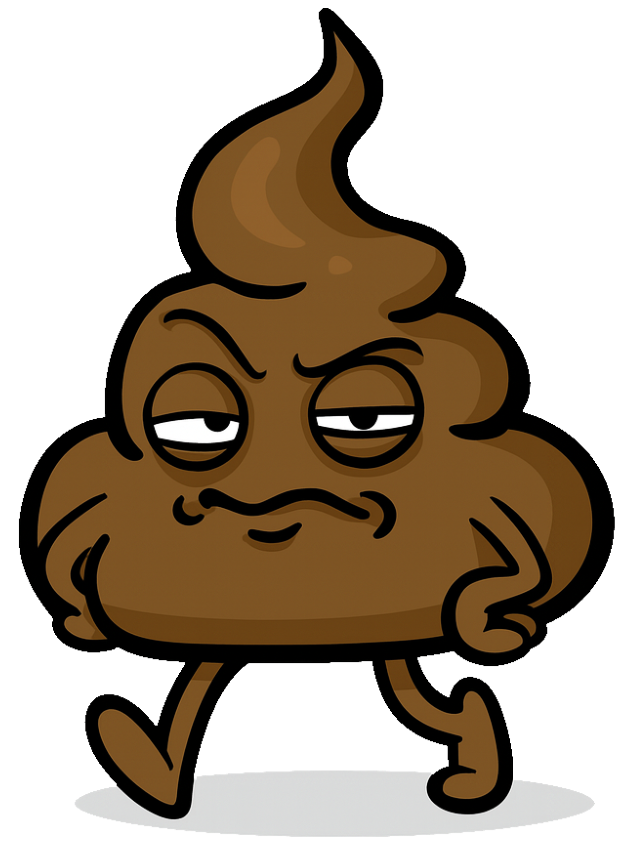 Cartoon poop emoji with a smug expression, walking with one hand on its hip and a raised eyebrow.
