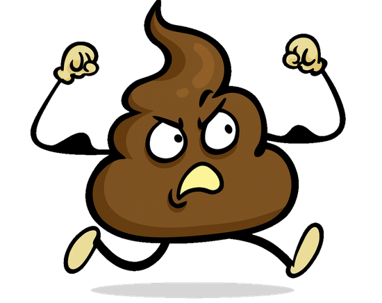 Angry cartoon poop character running with clenched fists