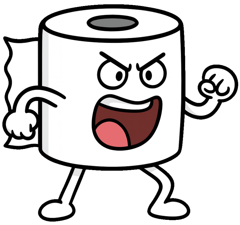 Cartoon toilet paper roll with angry face, clenched fists, and raised legs.