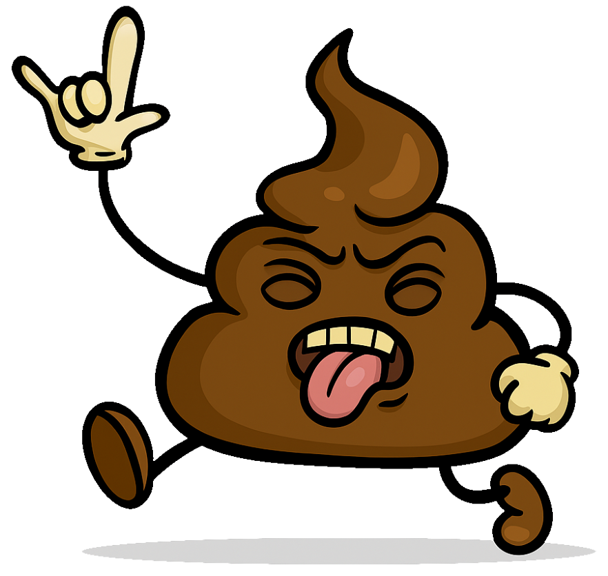 Cartoon poop emoji running with tongue out and hand raised in a rock gesture