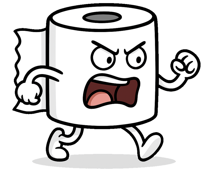 Cartoon toilet paper roll with angry face, running and clenching fists.