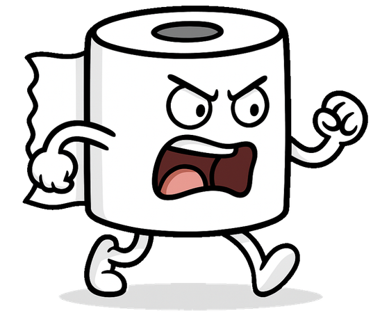 Cartoon toilet paper roll with angry expression, clenched fists, and running legs