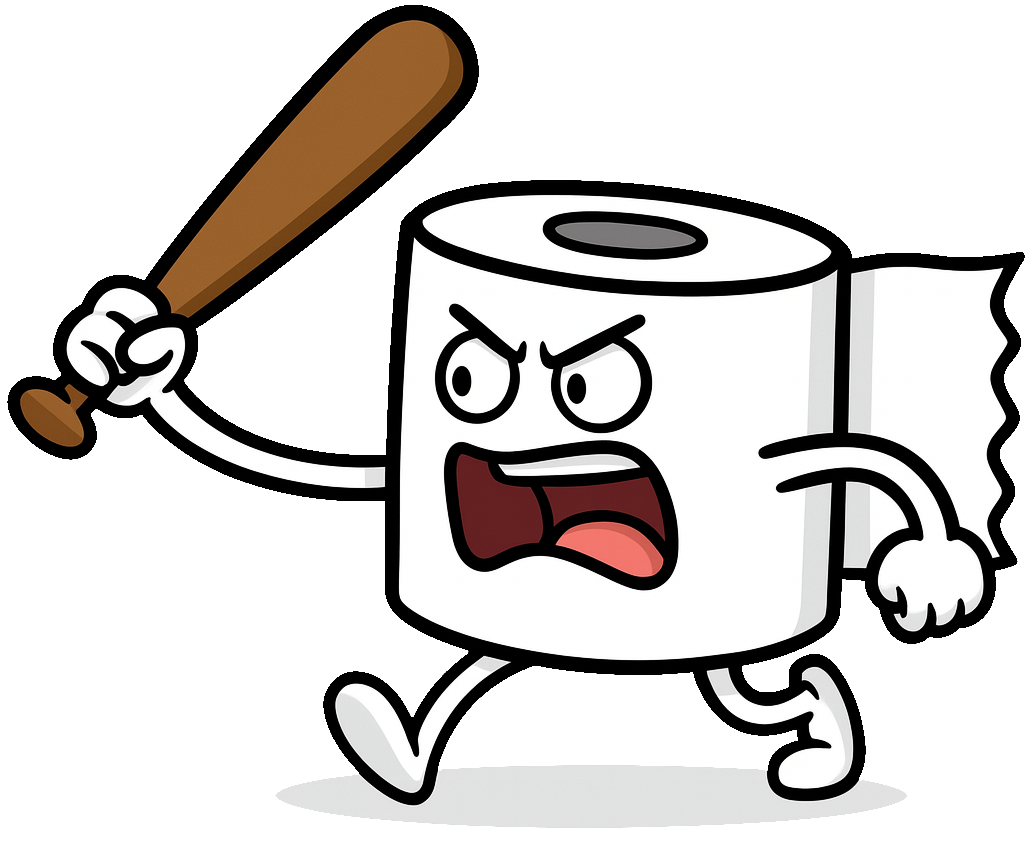 Angry cartoon toilet paper roll charging with a baseball bat raised high