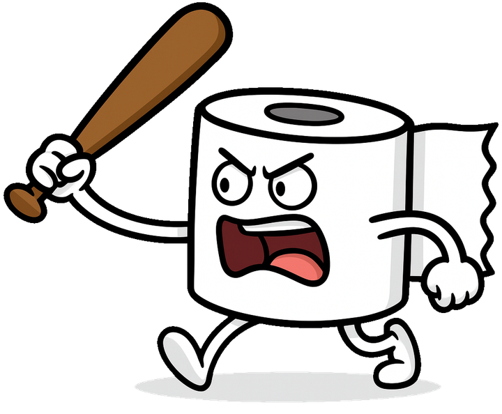 Angry cartoon toilet paper roll wielding a baseball bat and chasing forward