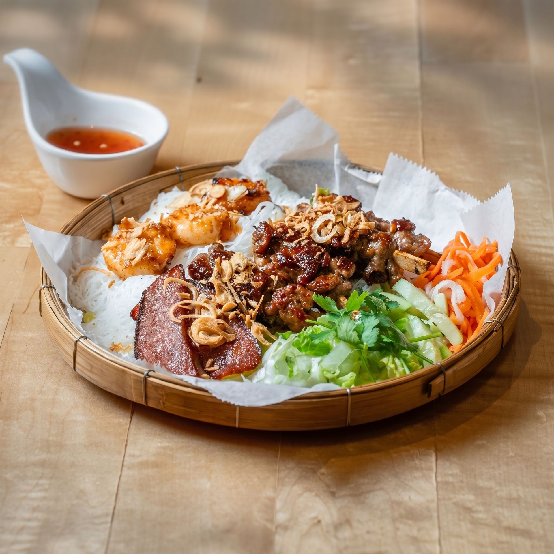 Asian-style rice bowl with grilled meat, vegetables, and dipping sauce on a wooden table