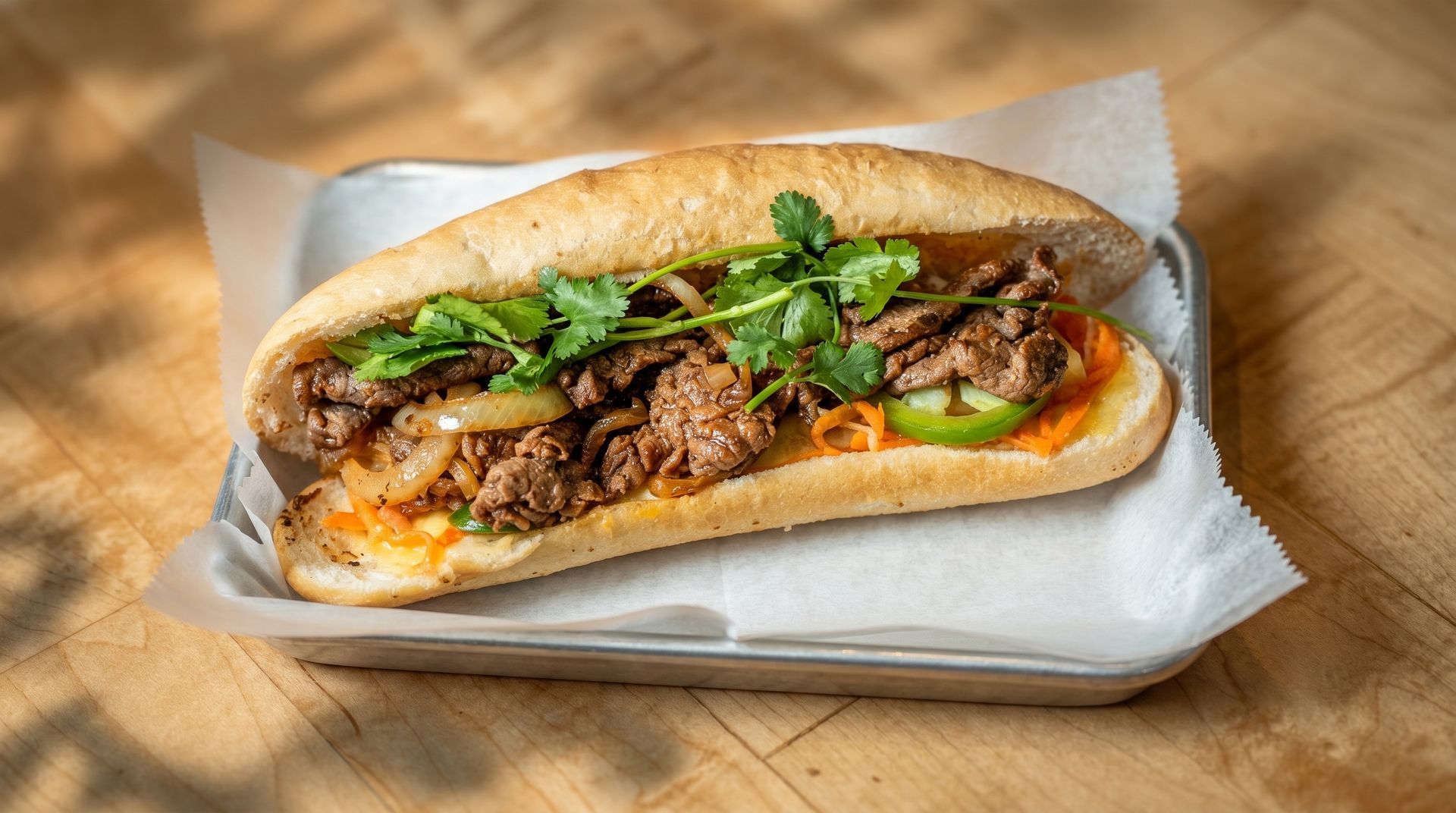 Sandwich on parchment-lined tray, filled with grilled meat and greens on a wooden table