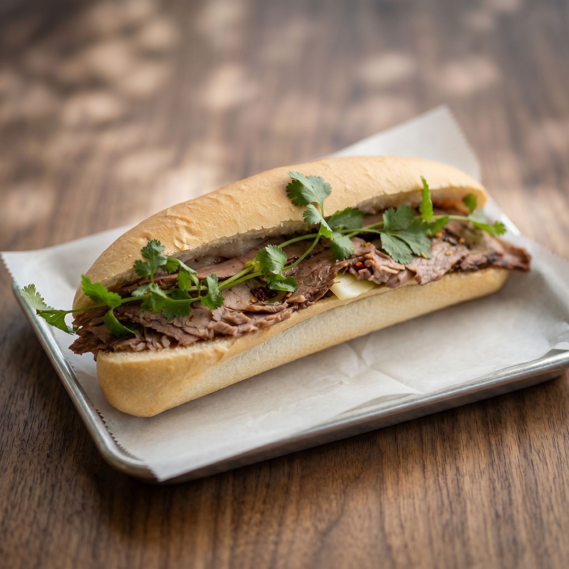 Open-faced roast beef sandwich on a wooden table, topped with fresh herbs on a white plate