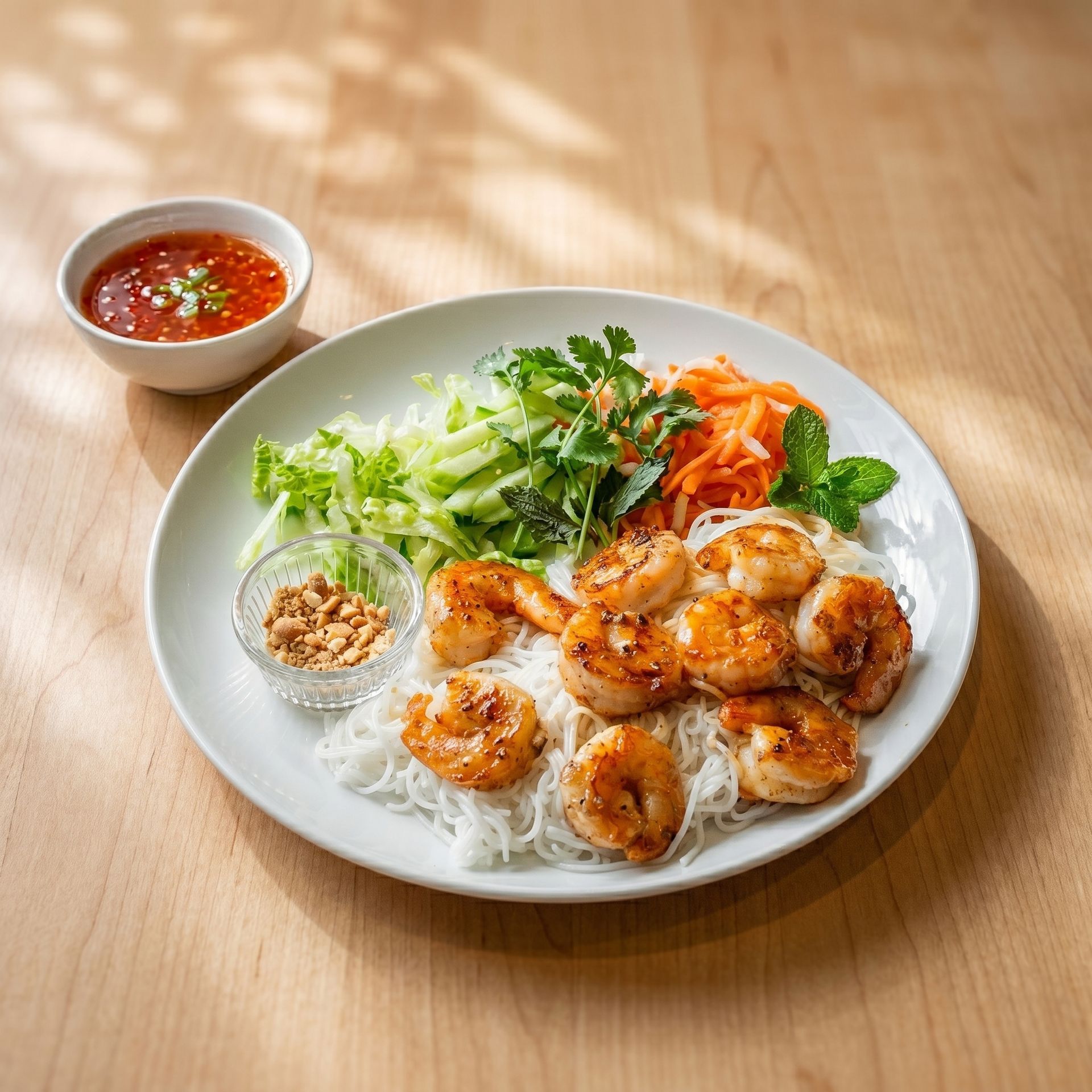 Grilled shrimp rice noodle bowl with fresh herbs, shredded vegetables, and dipping sauce