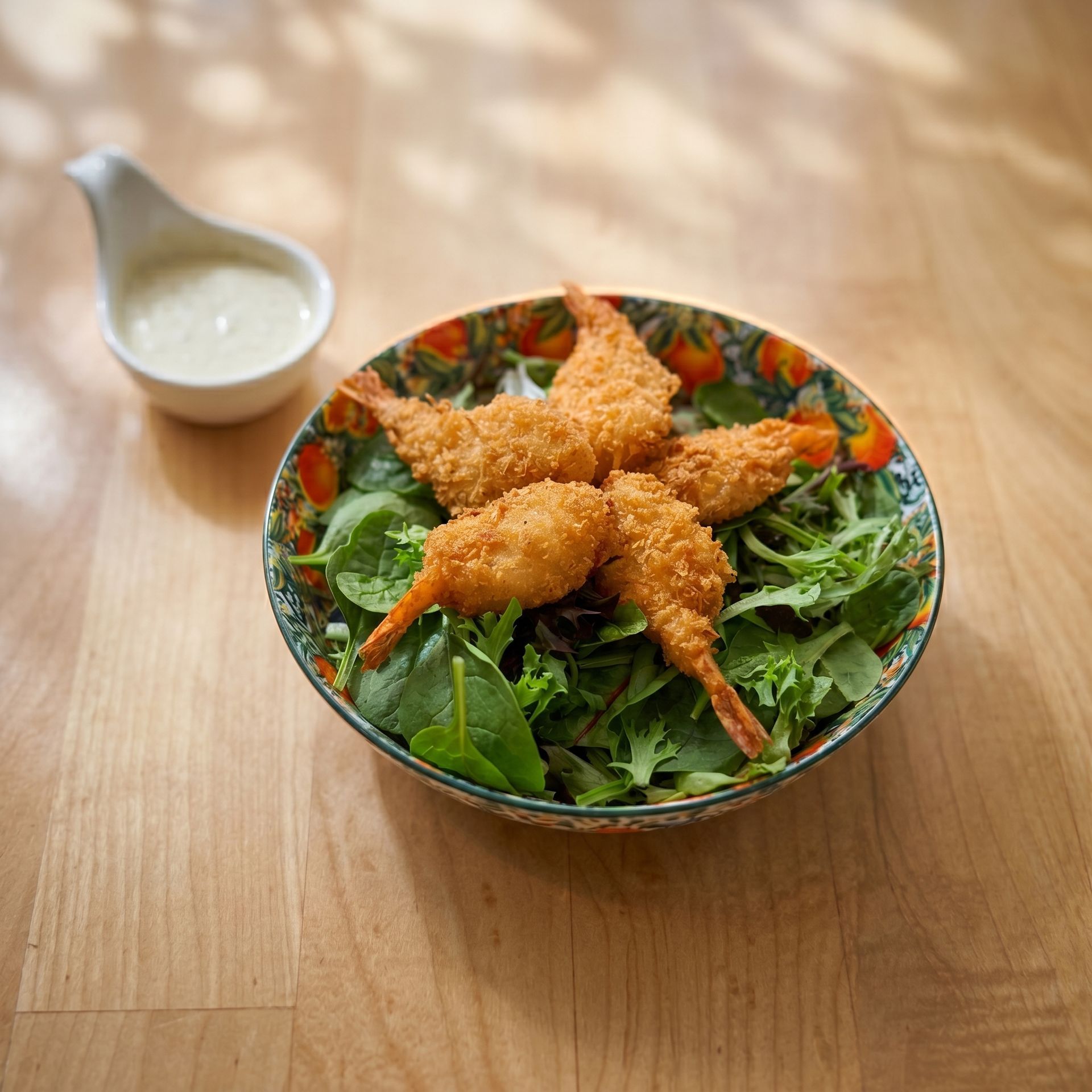 Fried shrimp arranged on a salad in a patterned bowl with a small dipping sauce cup on a wooden table