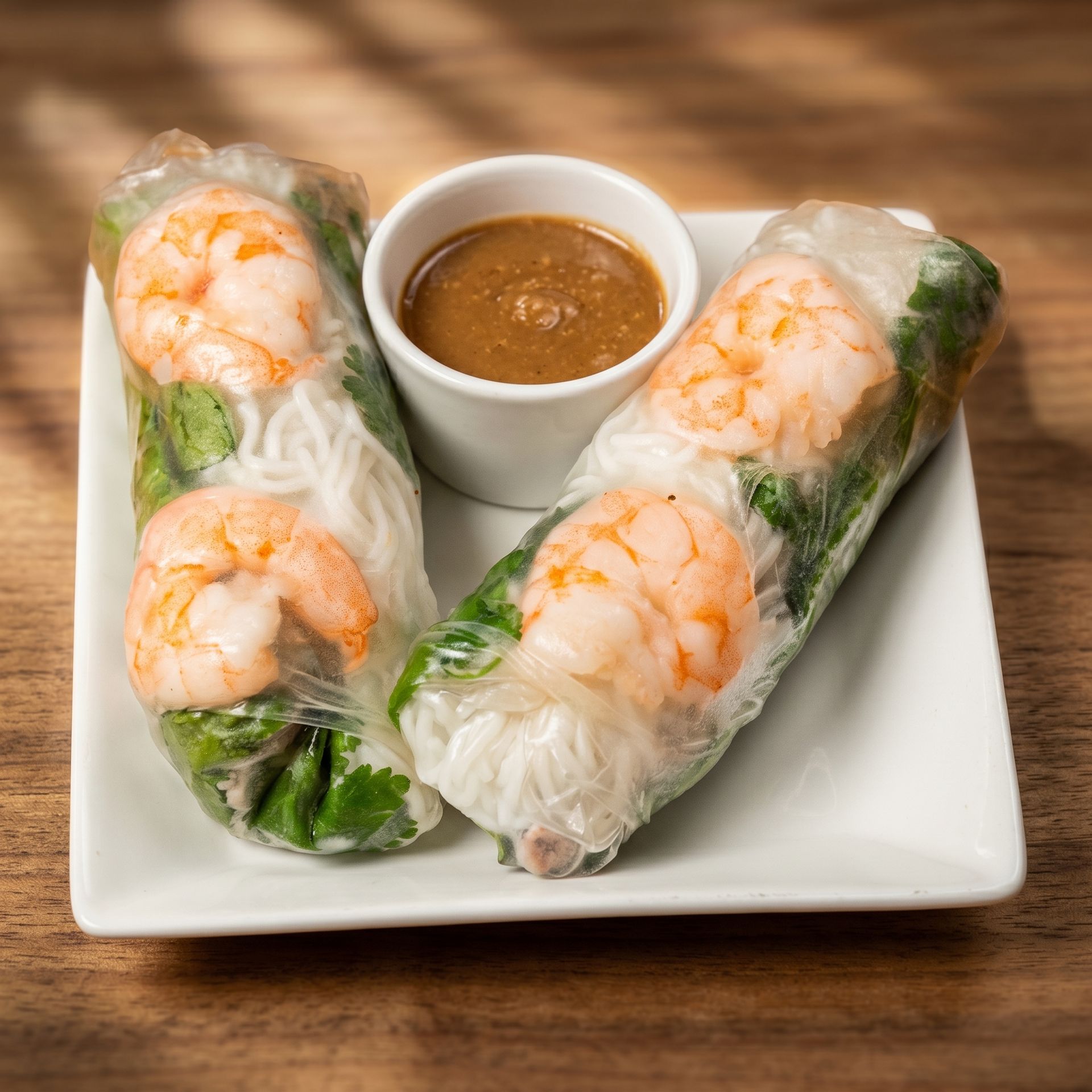 Fresh shrimp spring rolls on a white plate with dipping sauce