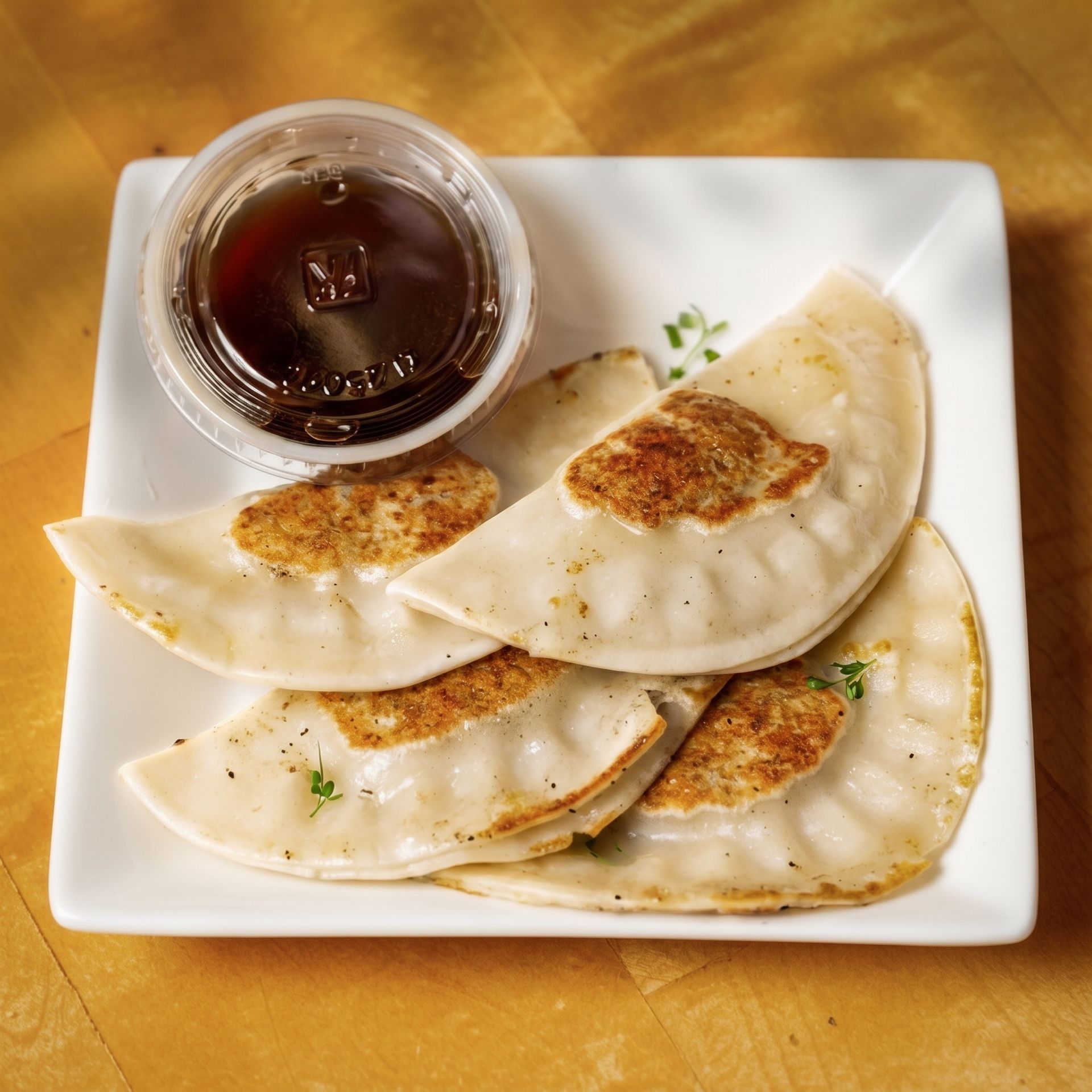 Plate of golden-brown pan-fried dumplings with a small cup of dark dipping sauce.