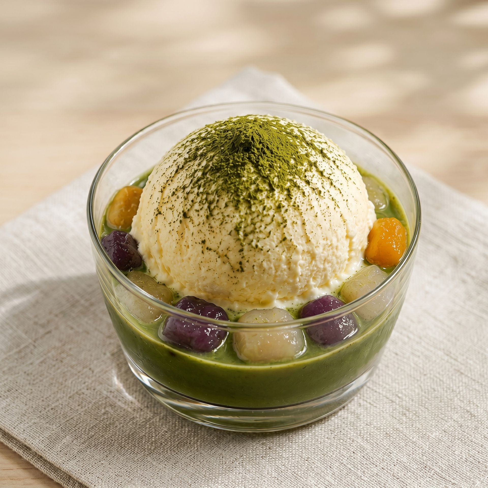 Matcha dessert in a glass bowl, topped with green powder and surrounded by colorful fruit on a beige cloth.