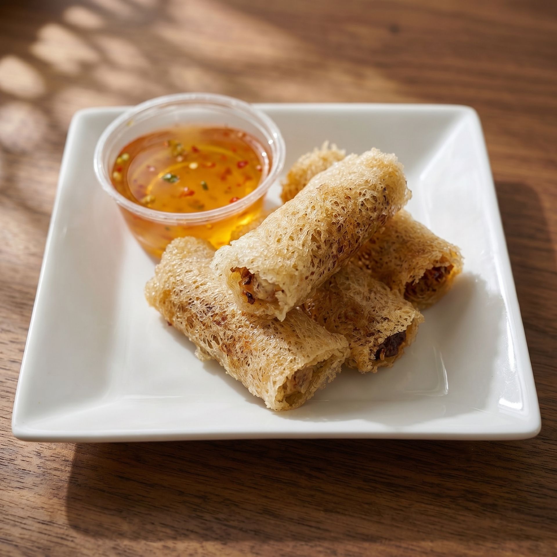 Fried spring rolls on a white plate with a small cup of orange dipping sauce