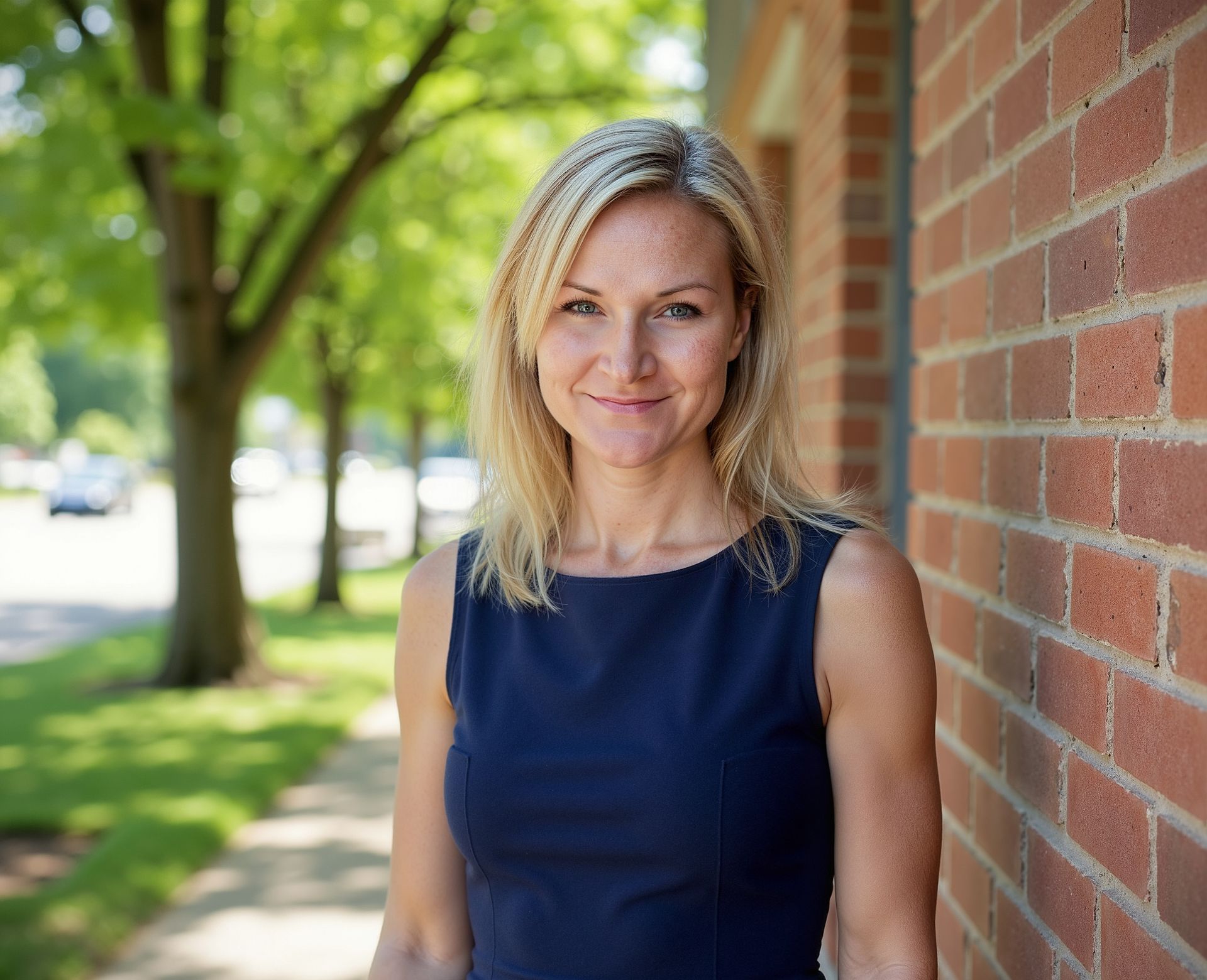 Blond woman in navy dress smiles on a sidewalk next to a brick building.