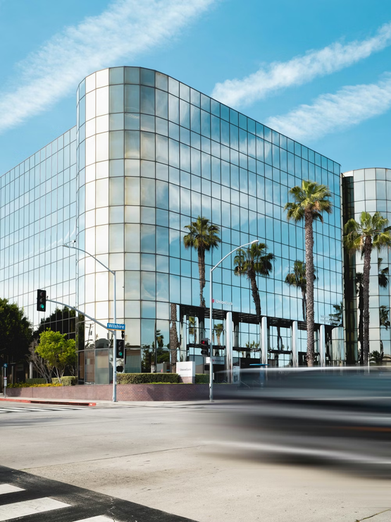 Glass office building with palm trees and blurred traffic on a sunny street corner