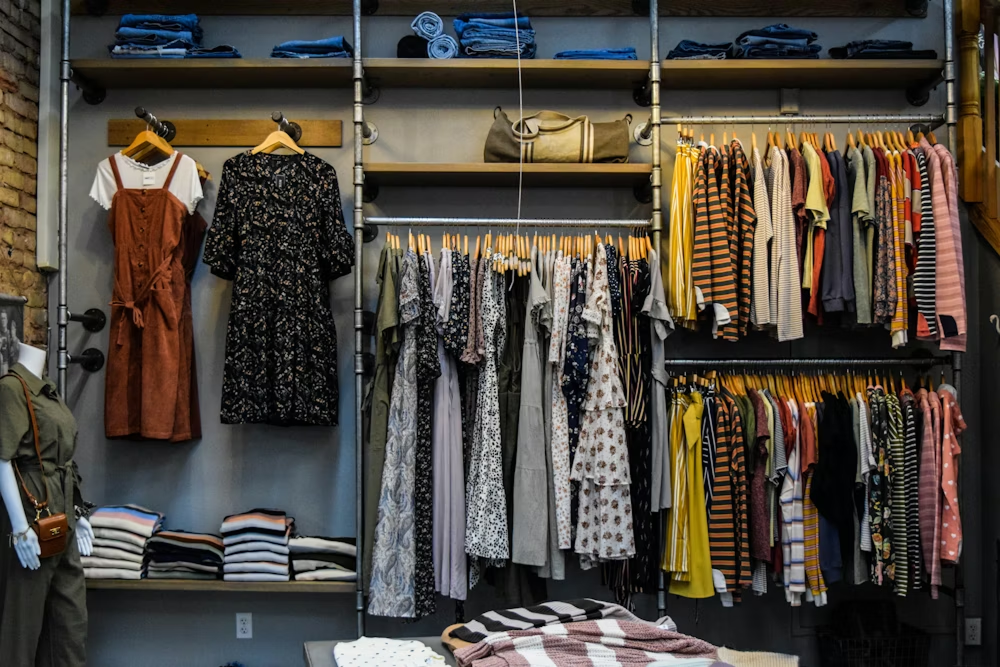 Clothing store display with hanging dresses, shirts, folded sweaters, and patterned racks