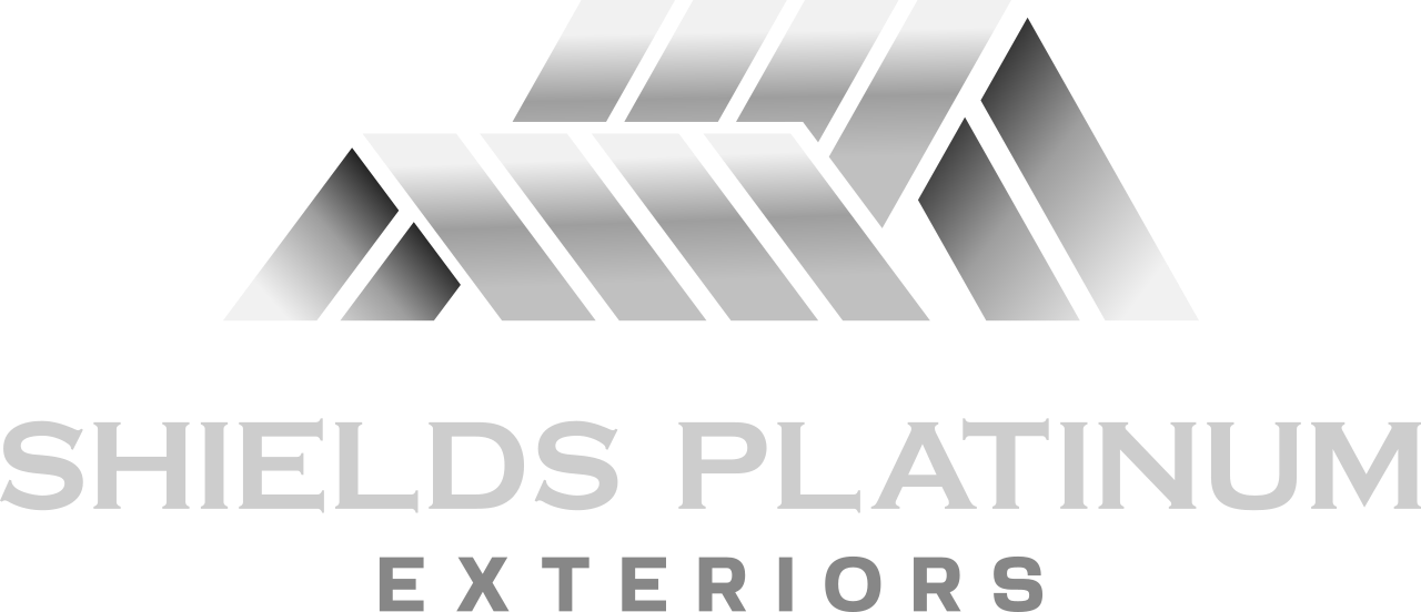 Shields Platinum Exteriors logo with gray geometric roof graphic and text