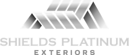 Shields Platinum Exteriors logo with gray geometric roof graphic and text