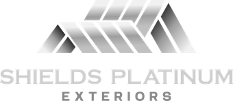 Shields Platinum Exteriors logo with gray geometric roof graphic and text