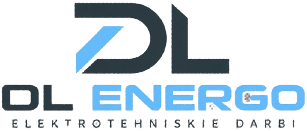 DL Energo logotips ar zilu un tumši pelēku tekstu un elektroinženierijas saukli