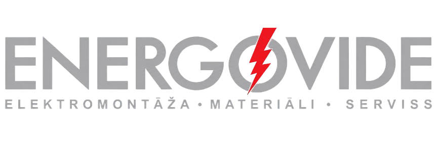 ENERGOVIDE logotips pelēkā un sarkanā krāsā ar zibens zīmi burtā O un saukli “elektromontaža • materiali • servisi”