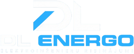 DL ENERGO logotips ar zilu ģeometrisku ikonu un zilu tekstu uz balta fona