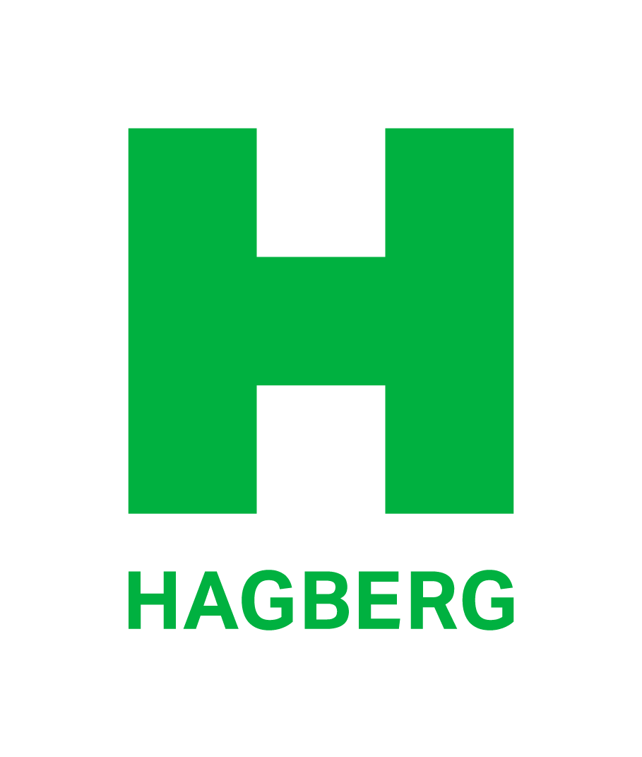 Zaļš Hagberg logotips ar stilizētu H un vārdu “HAGBERG” apakšā