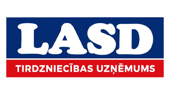 LASD logotips baltā krāsā uz zila fona, ar sarkanu baneri ar uzrakstu “TIRDZNIECĪBAS UZŅĒMUMS”