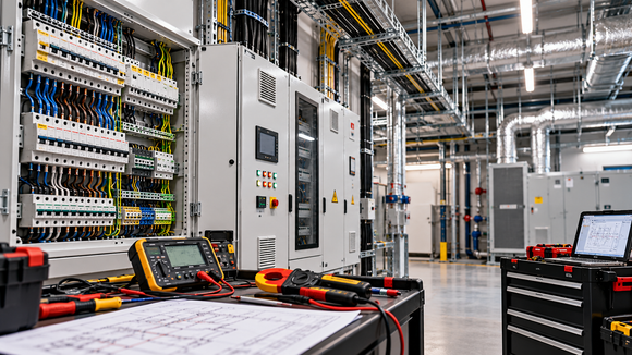 Tehniķis veic mērījumus pie elektrosadalnes