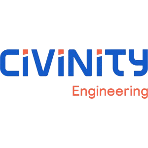 CiviNity Engineering logotips zilnā un oranžā krāsā uz balta fona
