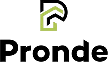 Pronde logotips ar stilizētu melnu un zaļu “P” ikonu un melnu teksta logotipu