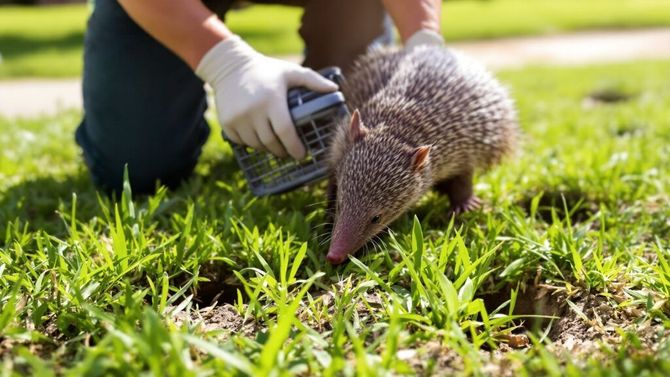 Person in gloves gently holding a hedgehog on grass outdoors