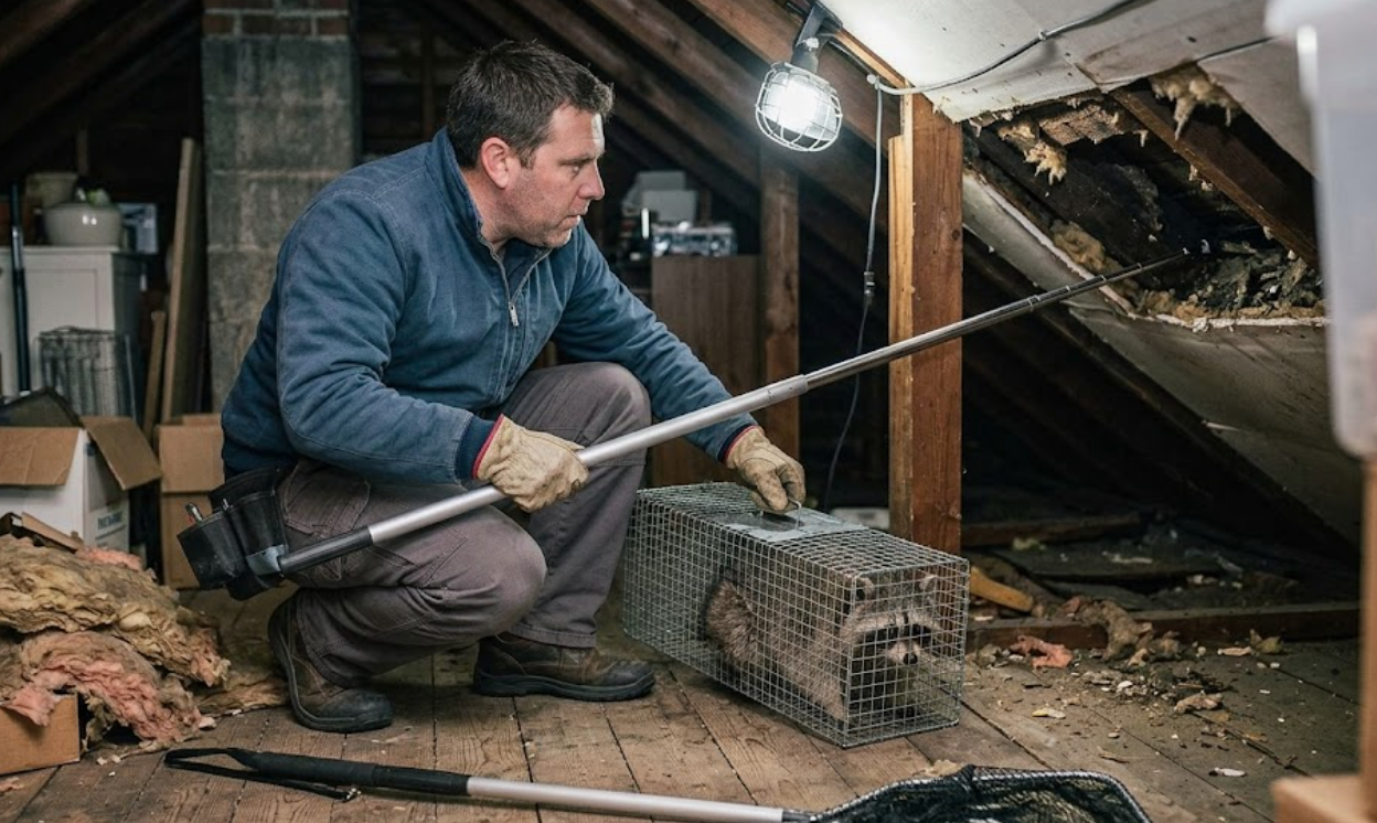 Man crouching in an attic, using a long tool to inspect or clear debris near exposed beams.
