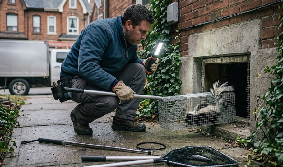 Worker crouches near a house vent, cleaning debris with a brush and tool at the foundation.