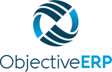A logo for objective erp with a blue circle and arrows