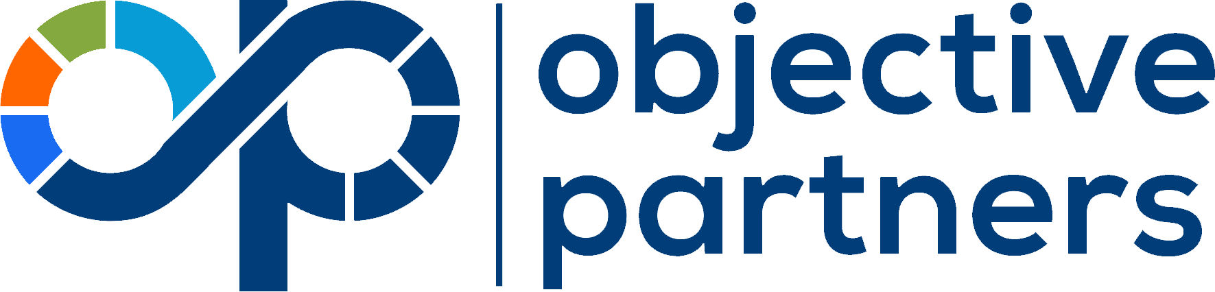 The logo for objective partners is blue and white with a circle in the middle.