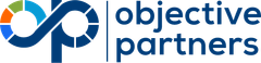 The logo for objective partners is blue and white with a circle in the middle.