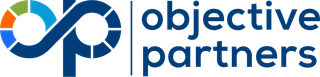 The logo for objective partners is blue and white with a circle in the middle.