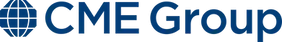 A blue logo for cme group with a globe in the middle