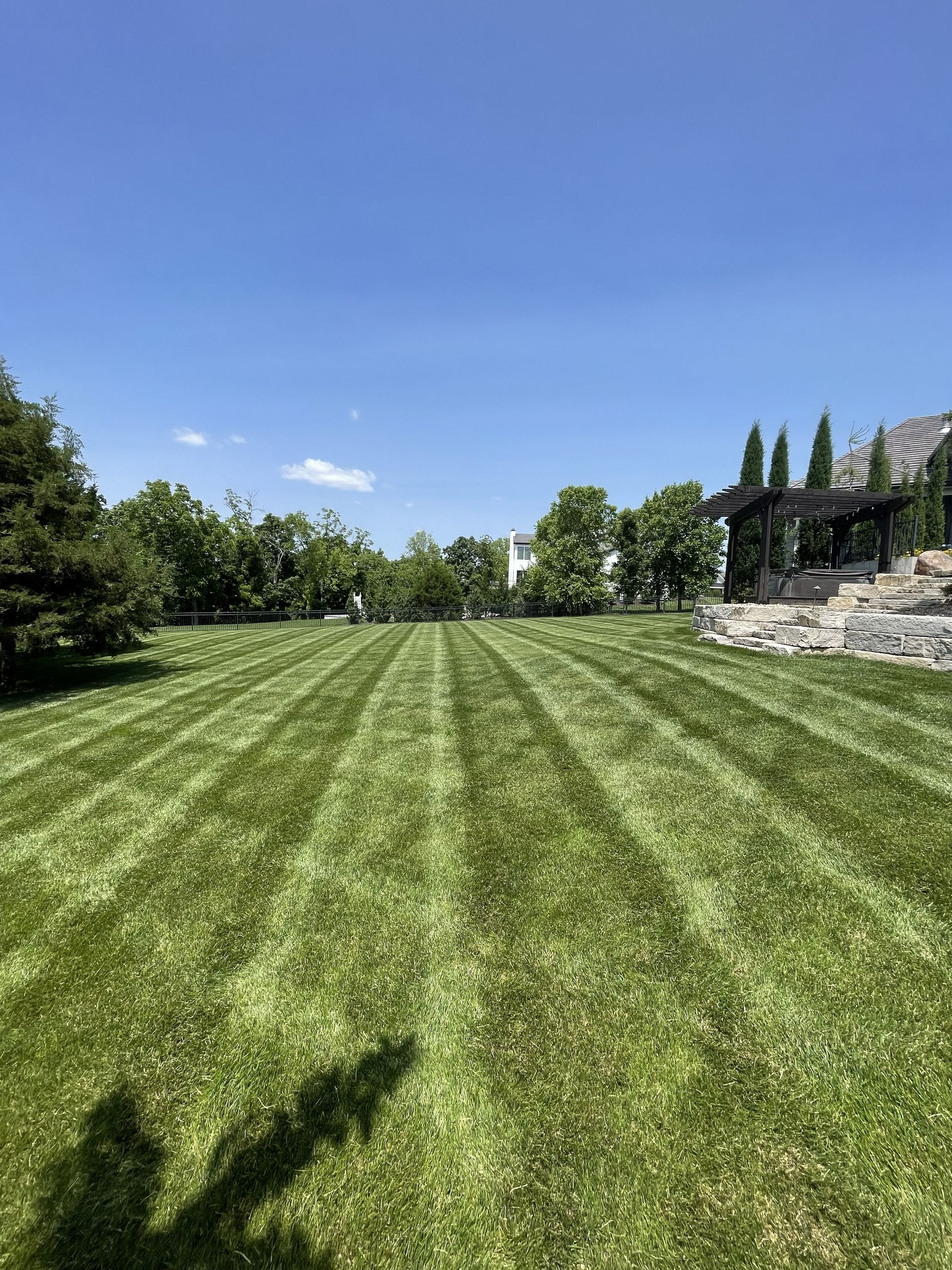 Sunlit lawn with fresh mowing stripes beside a stone terrace and trees under a clear blue sky