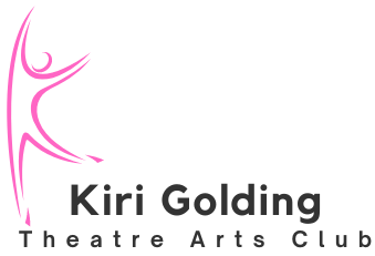 Pink dancer silhouette with “Kiri Golding Theatre Arts Club” text.
