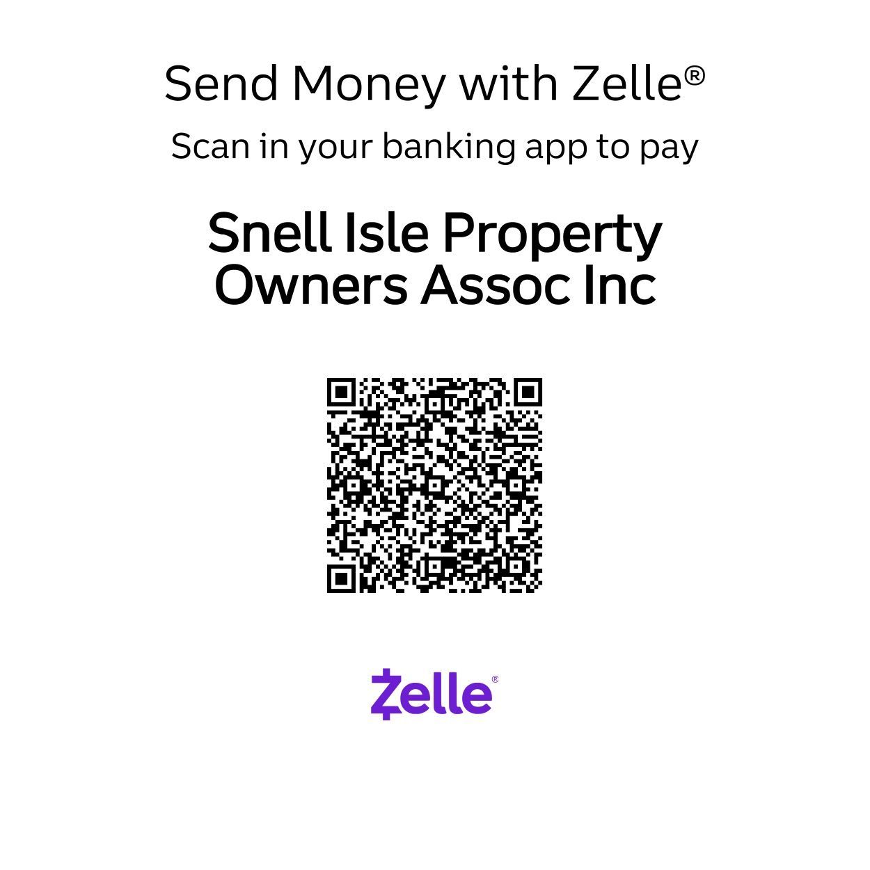 Zelle payment sign for Snell Isle Property Owners Assoc Inc with QR code and logo
