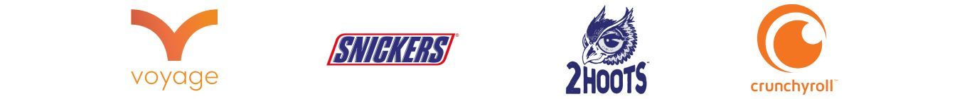 four logos including snickers, voyage, and crunchyroll