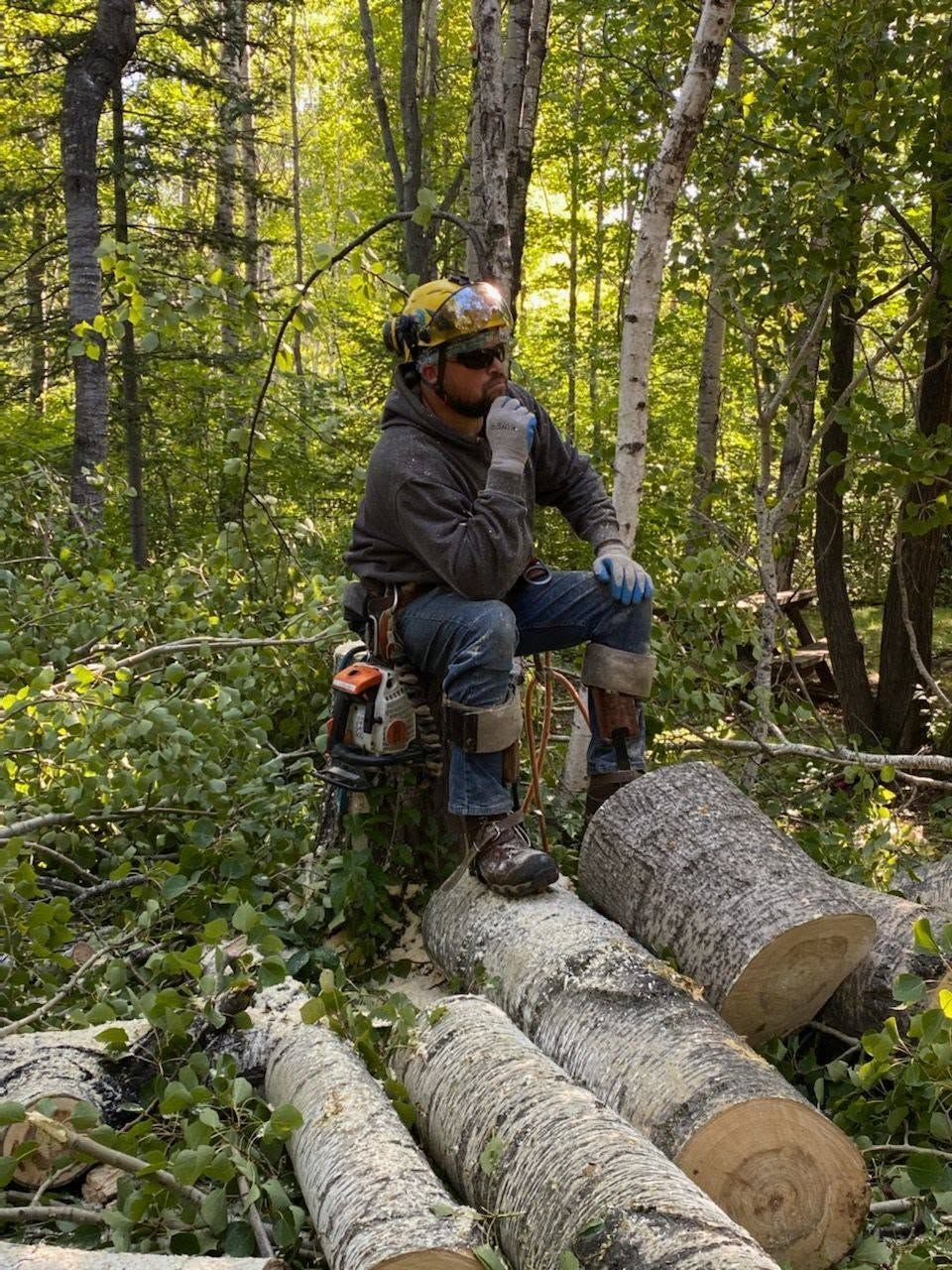 Person in helmet sits on cut logs in a forest, holding a chainsaw amid stacked timber.