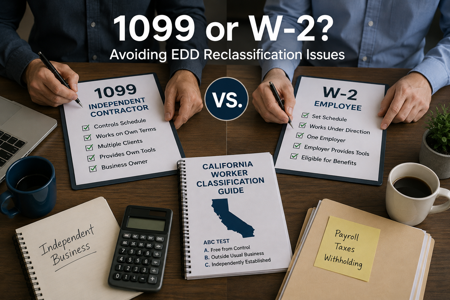 Hands comparing 1099 and W-2 papers with calculator and “California Worker Classification Guide” booklet on desk