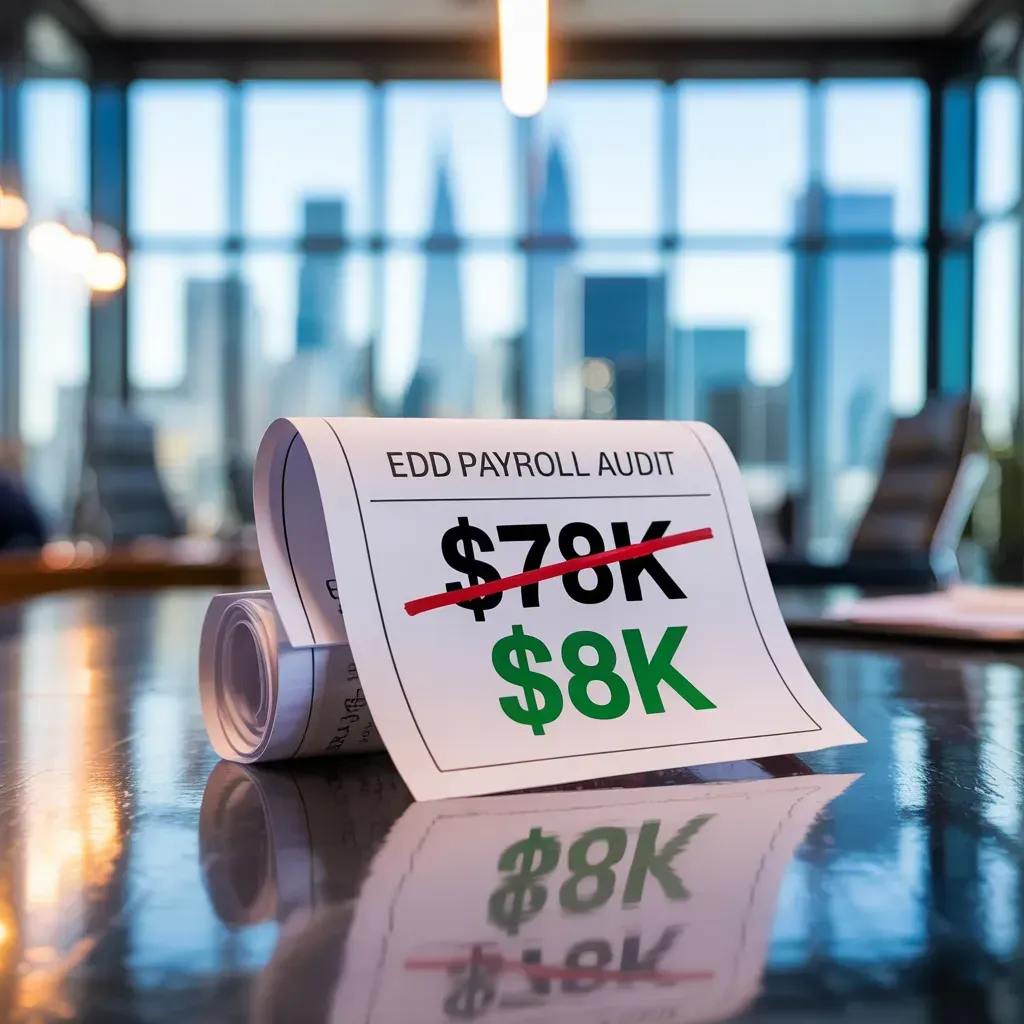 Payroll audit sheet showing $70K crossed out and $8K in green on a desk with office background