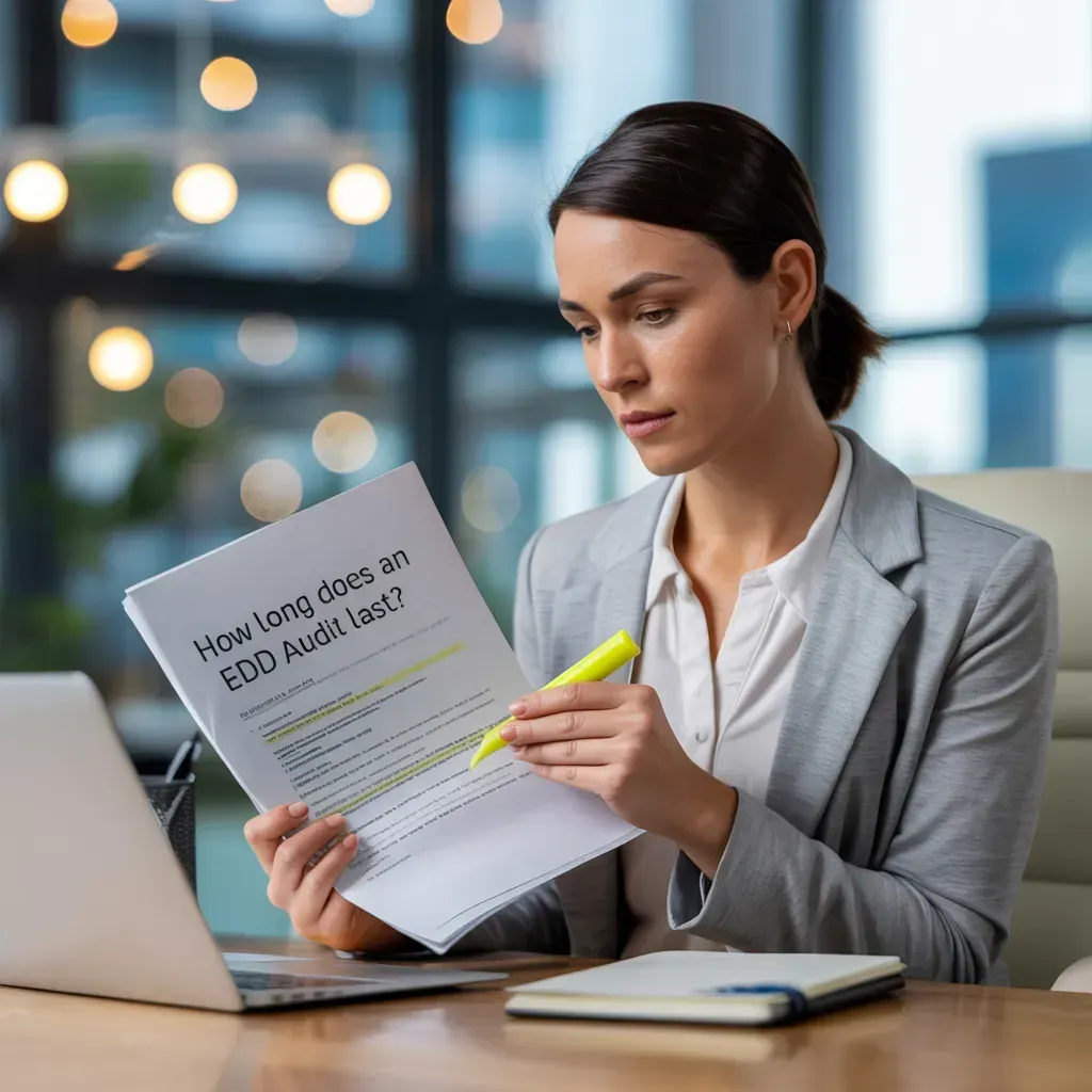 Person in a gray blazer reviewing a document with a yellow highlighter at a laptop in a bright office