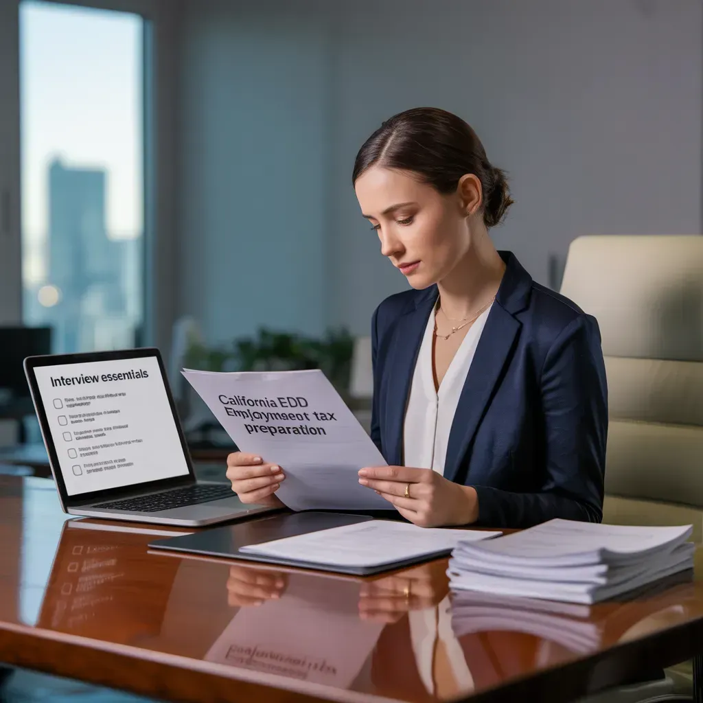 Woman reviewing documents at a desk beside a laptop and stacked papers in an office